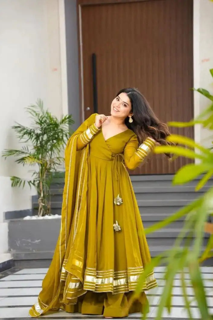Mustard Yellow Georgette Gown Set With Palazzo & Dupatta