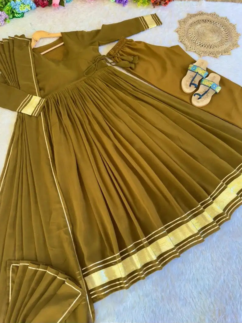 Mustard Yellow Georgette Gown Set With Palazzo & Dupatta