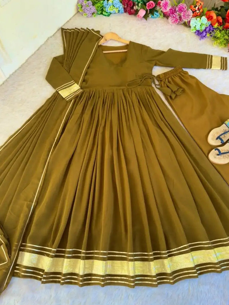 Mustard Yellow Georgette Gown Set With Palazzo & Dupatta