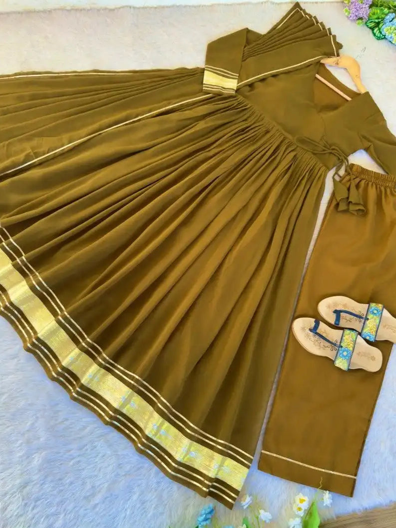 Mustard Yellow Georgette Gown Set With Palazzo & Dupatta