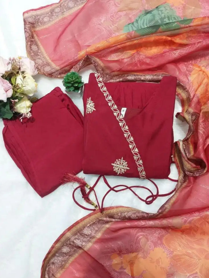 Elegant Wine Cinnon Silk Gown Palazzo with Dupatta