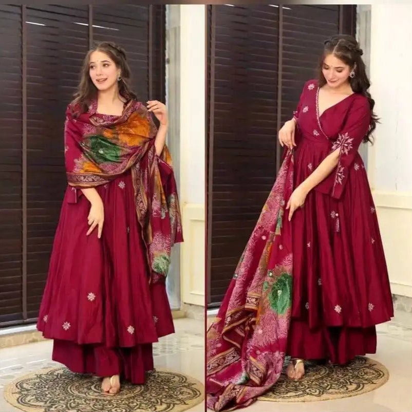 Elegant Wine Cinnon Silk Gown Palazzo with Dupatta