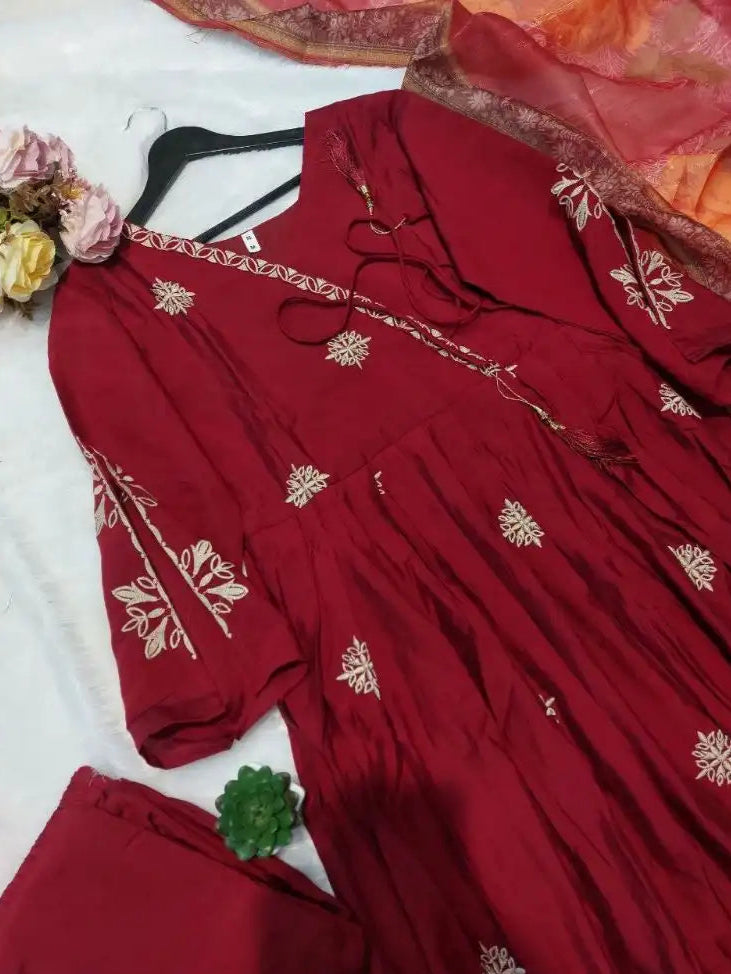 Elegant Wine Cinnon Silk Gown Palazzo with Dupatta