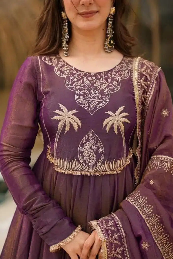 Elegant Wine Shimmer Gown Set with Heavy Embroidery