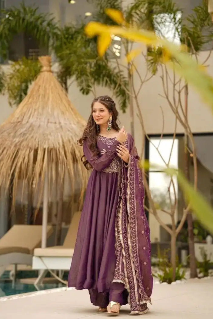 Elegant Wine Shimmer Gown Set with Heavy Embroidery