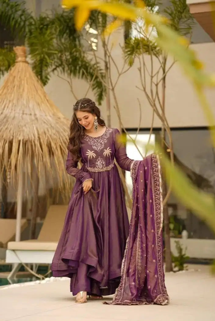 Elegant Wine Shimmer Gown Set with Heavy Embroidery