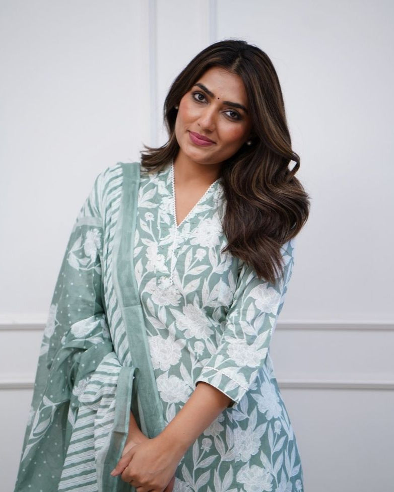 Ethnic Sky Blue Cotton Suit Set With Dupatta