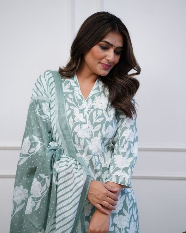 Ethnic Sky Blue Cotton Suit Set With Dupatta