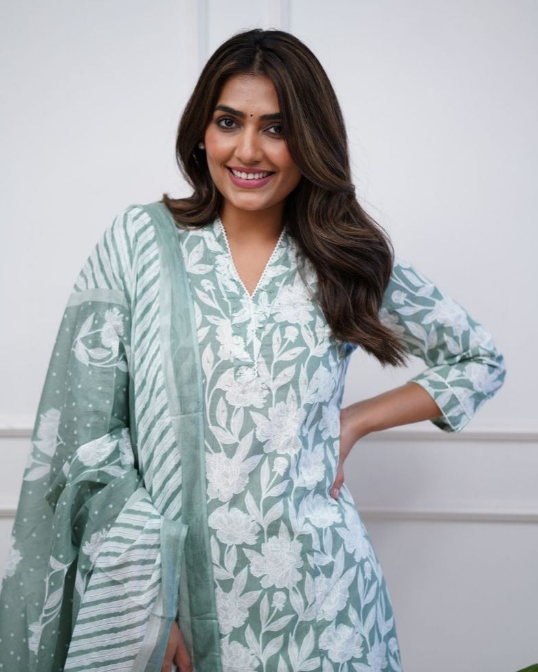 Ethnic Sky Blue Cotton Suit Set With Dupatta