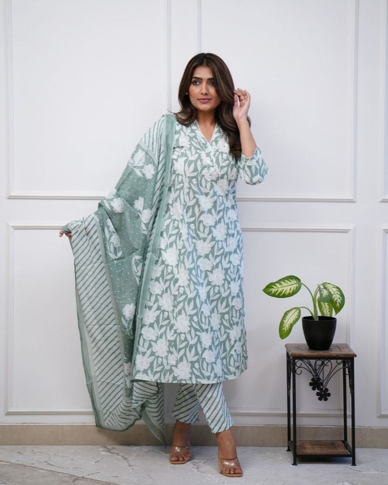 Ethnic Sky Blue Cotton Suit Set With Dupatta
