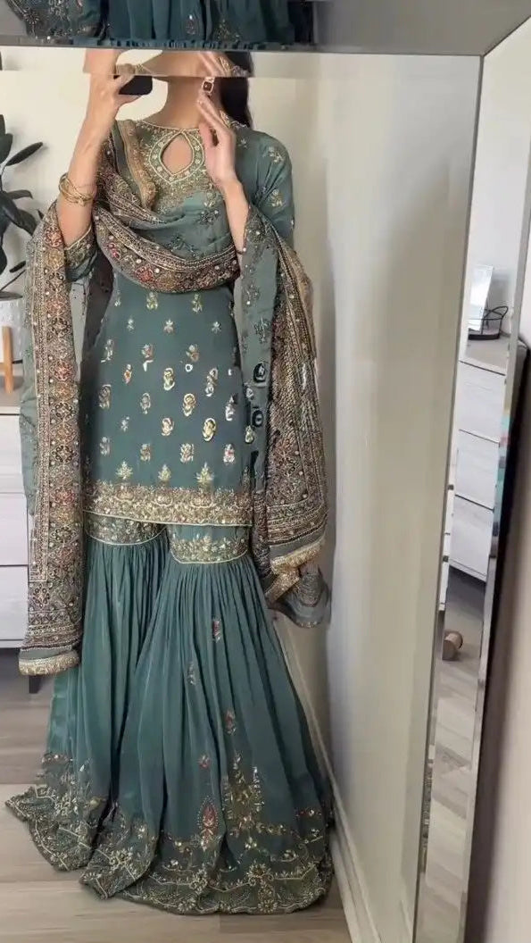 Designer Faux Georgette Embroidered Sharara Set