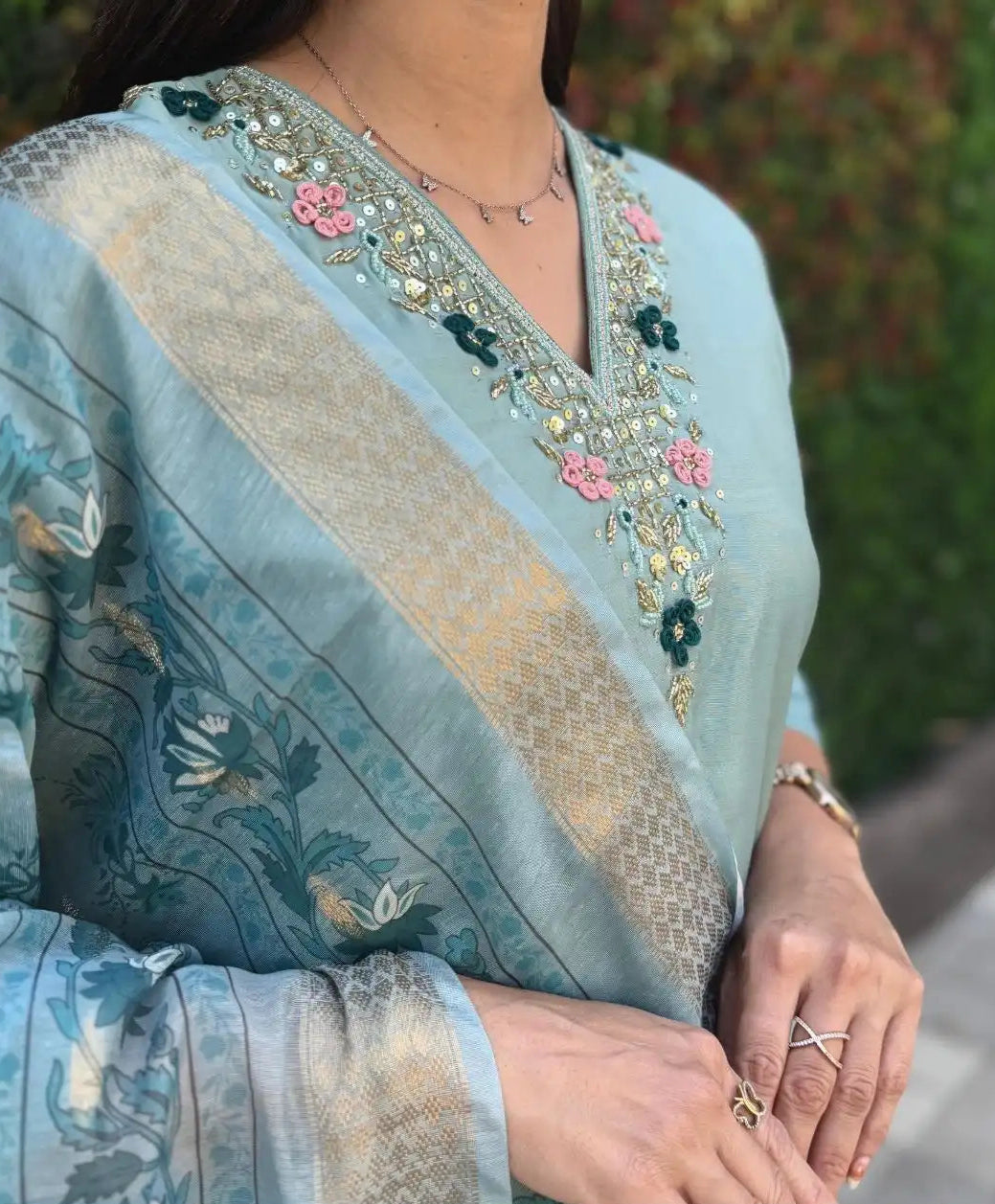 Trendy Sea Green Color Roman Silk Suit