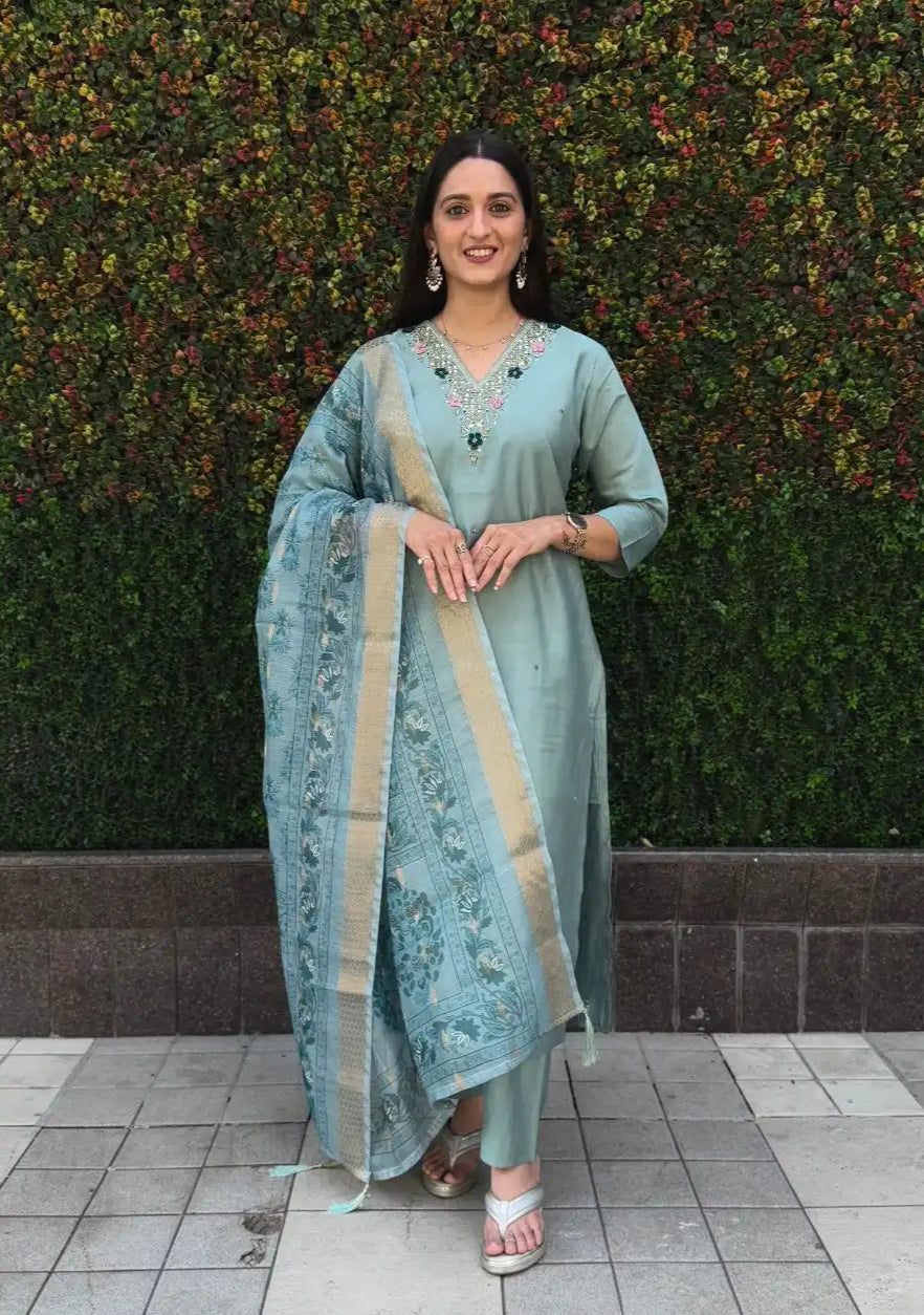 Trendy Sea Green Color Roman Silk Suit