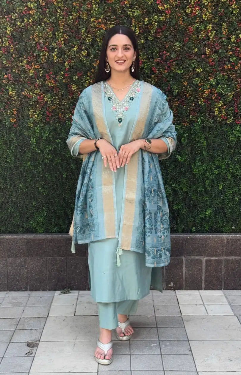 Trendy Sea Green Color Roman Silk Suit