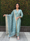 Trendy Sea Green Color Roman Silk Suit