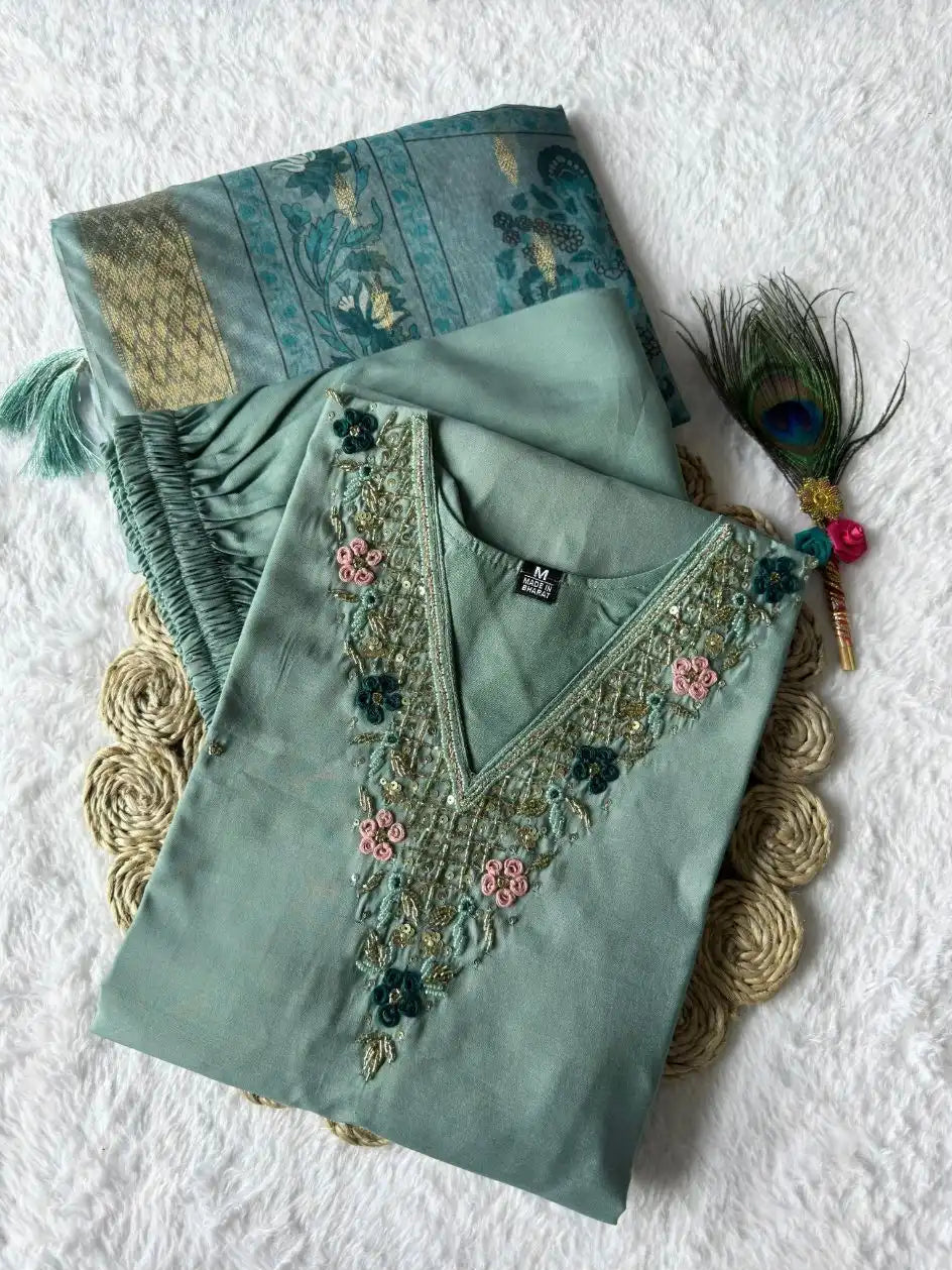Trendy Sea Green Color Roman Silk Suit