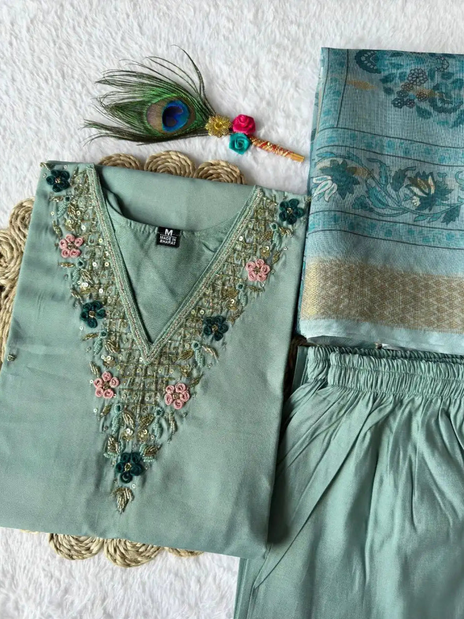 Trendy Sea Green Color Roman Silk Suit