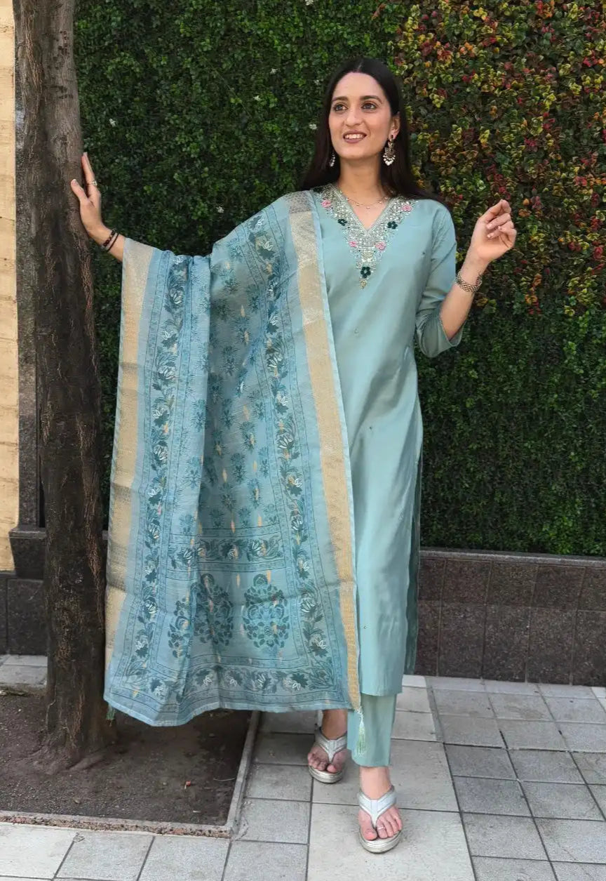 Trendy Sea Green Color Roman Silk Suit