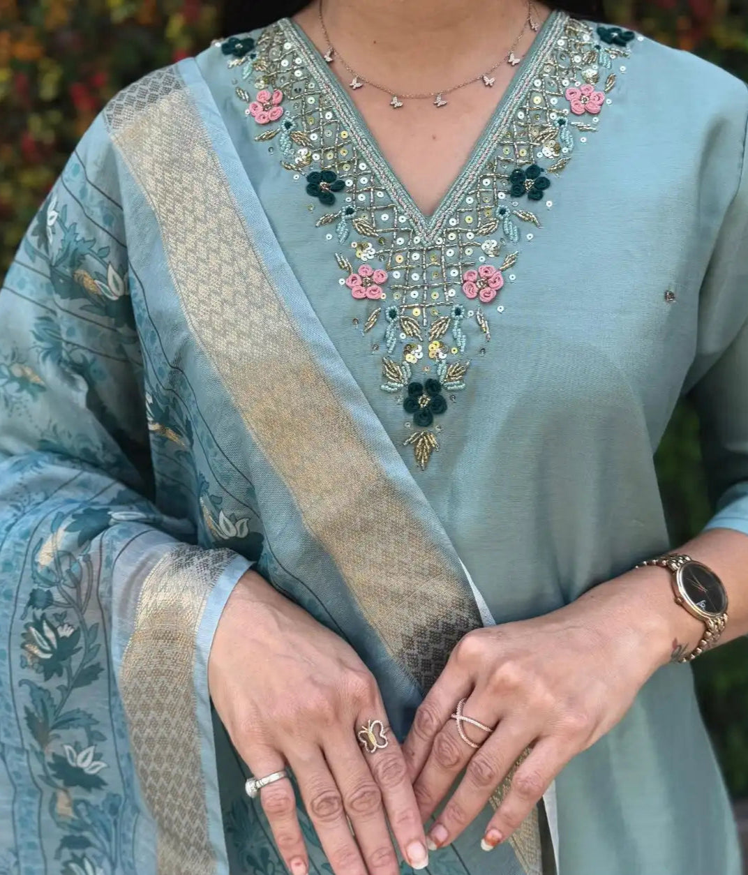 Trendy Sea Green Color Roman Silk Suit