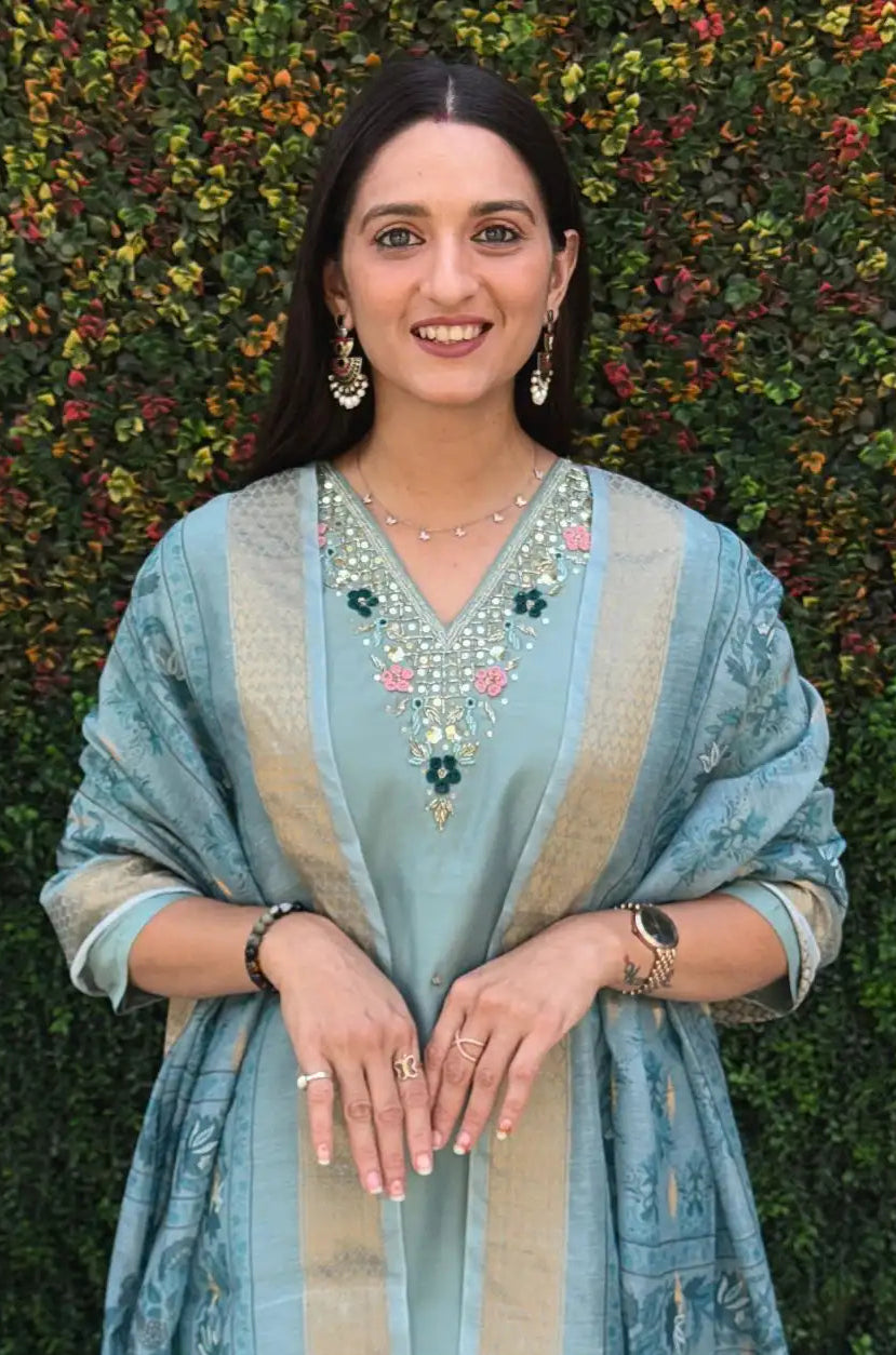 Trendy Sea Green Color Roman Silk Suit