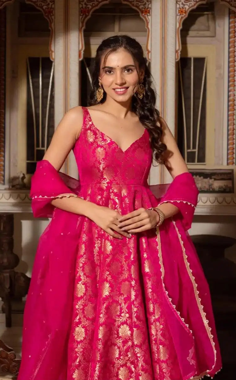 Designer Pretty Pink Gown Set with Dupatta - Wedding Wear