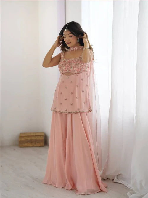 Flowy Festive Glam in Soft Peach Designer Georgette Palazzo Suit Set