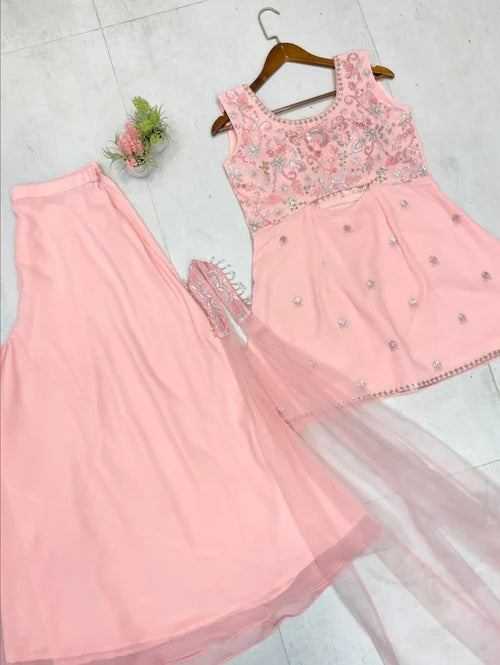 Flowy Festive Glam in Soft Peach Designer Georgette Palazzo Suit Set
