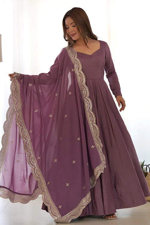 Lavender Roman Silk Anarkali Gown Set With Dupatta