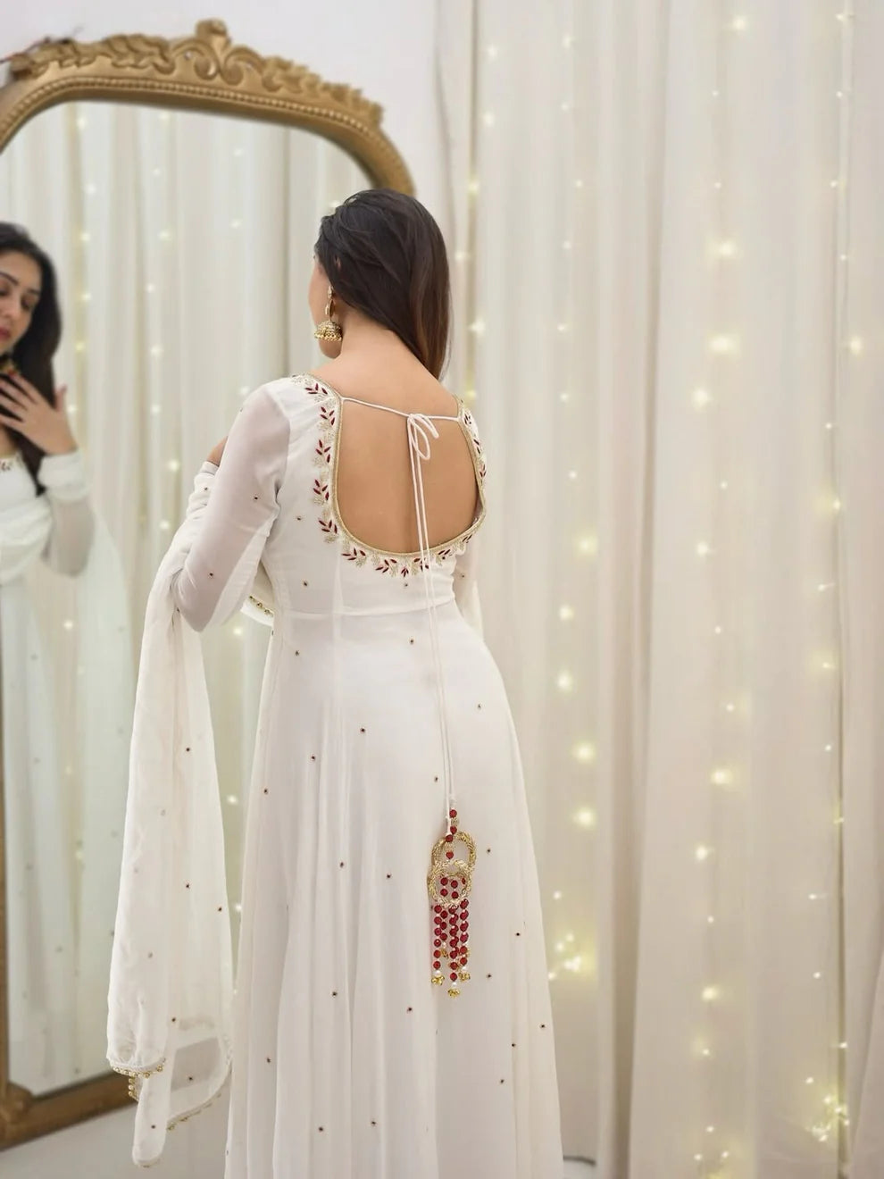 Classic White Georgette Gown with Dupatta