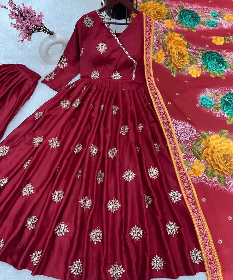 Elegant Wine Cinnon Silk Gown Palazzo with Dupatta