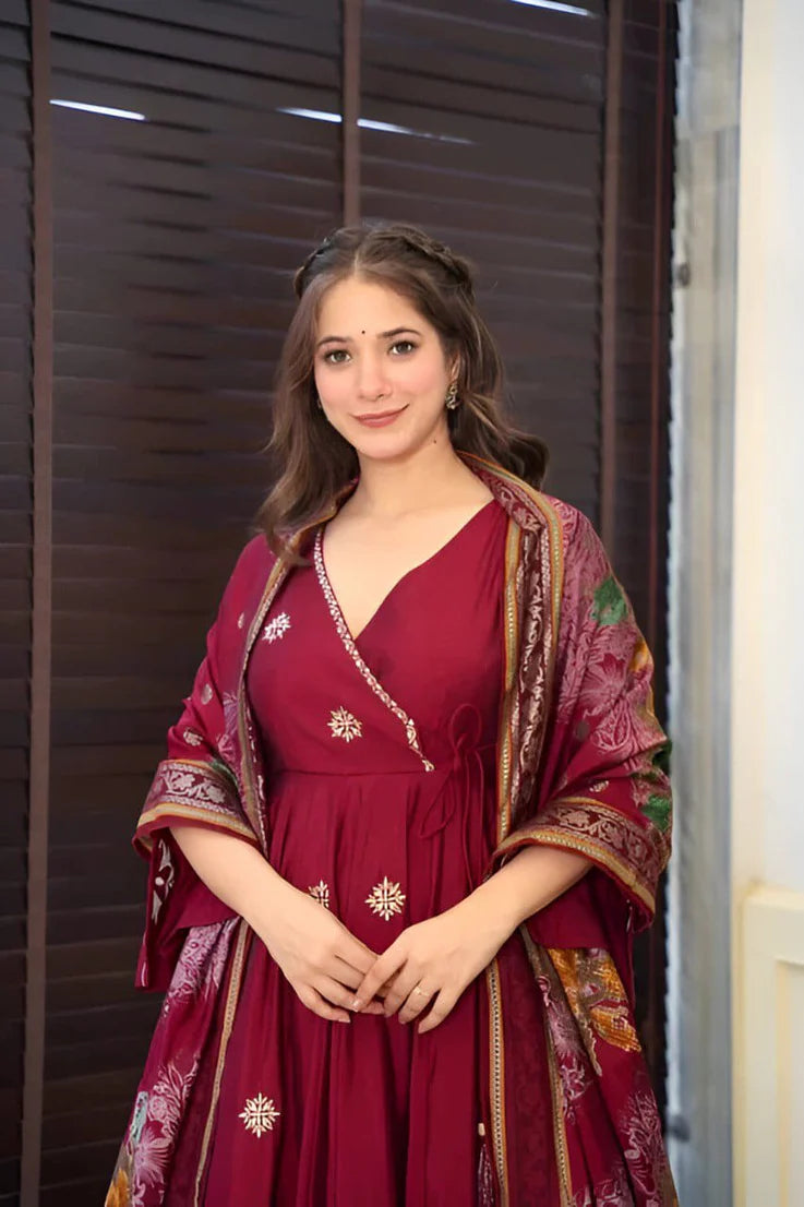 Elegant Wine Cinnon Silk Gown Palazzo with Dupatta