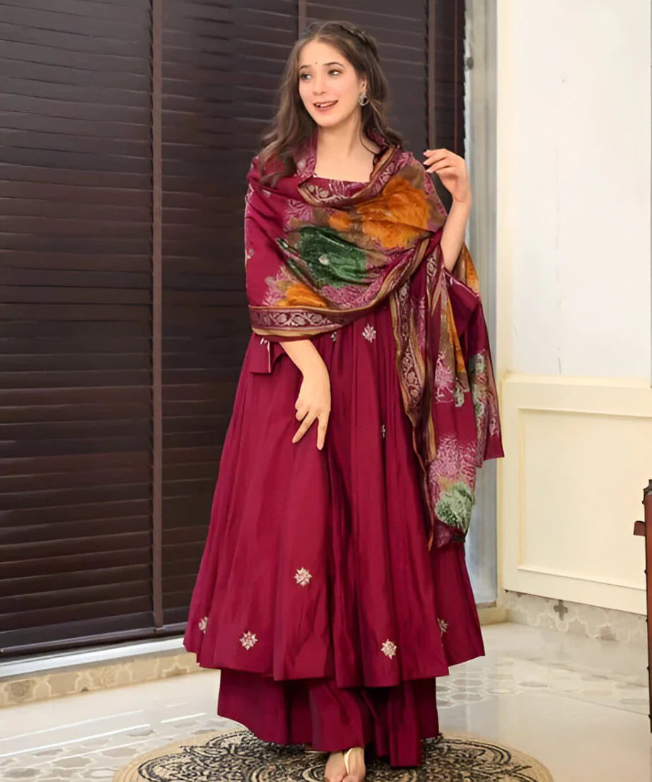 Elegant Wine Cinnon Silk Gown Palazzo with Dupatta
