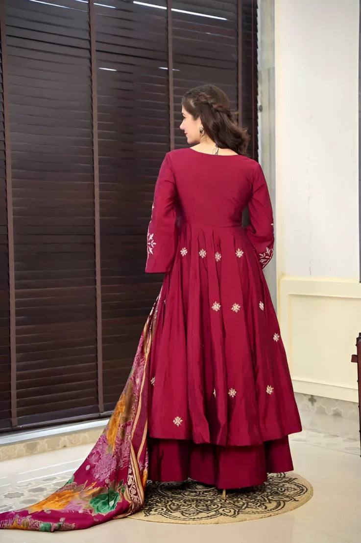 Elegant Wine Cinnon Silk Gown Palazzo with Dupatta