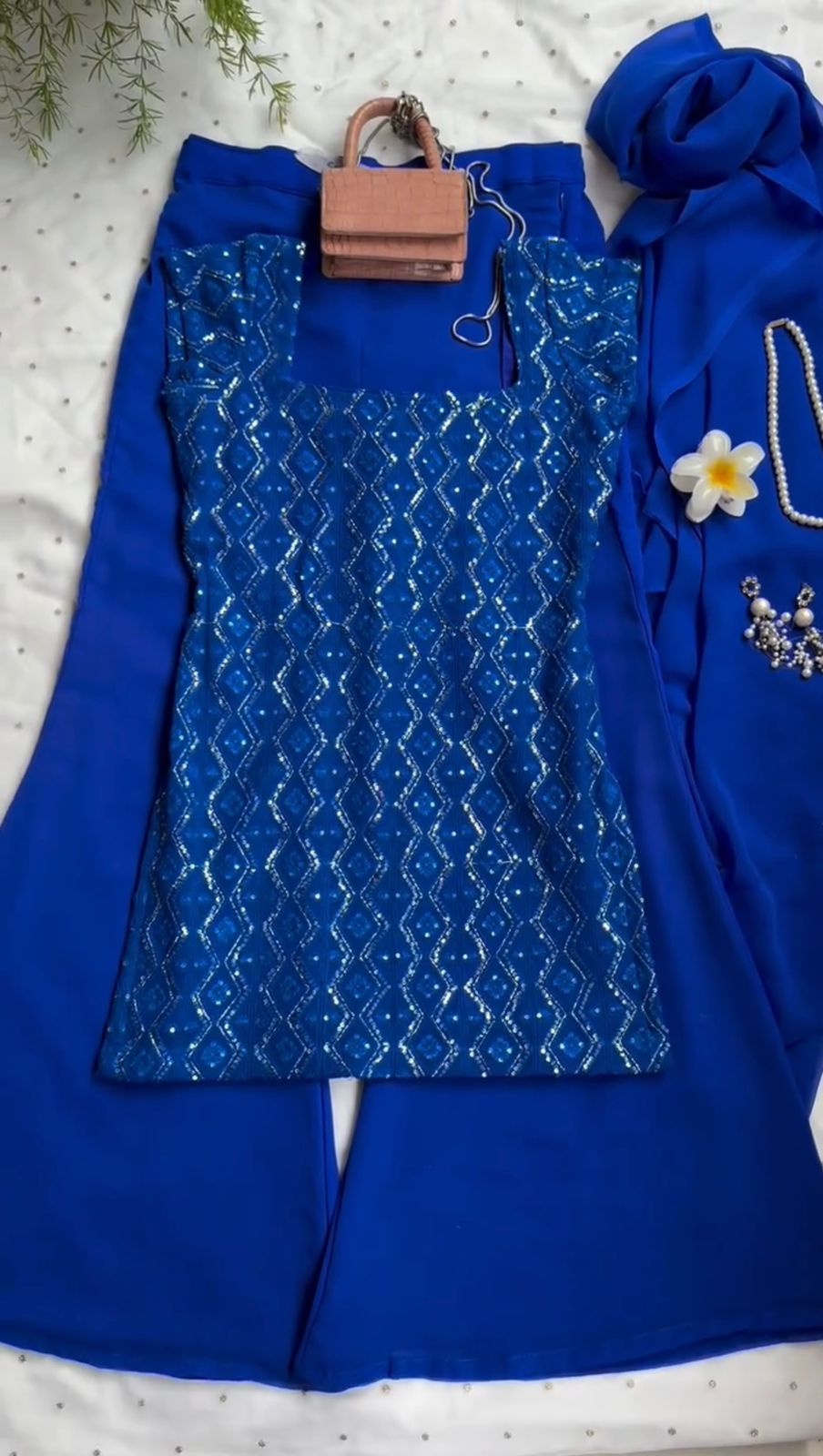Timeless 90’s Style Designer Faux Georgette Ethnic Set with Boot-Cut Pants