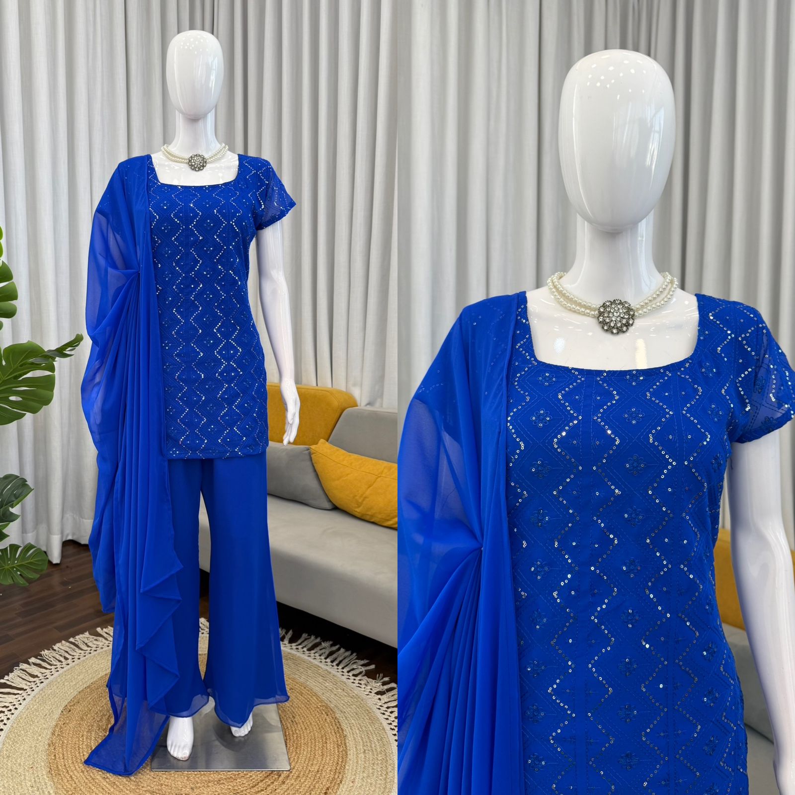 Timeless 90’s Style Designer Faux Georgette Ethnic Set with Boot-Cut Pants