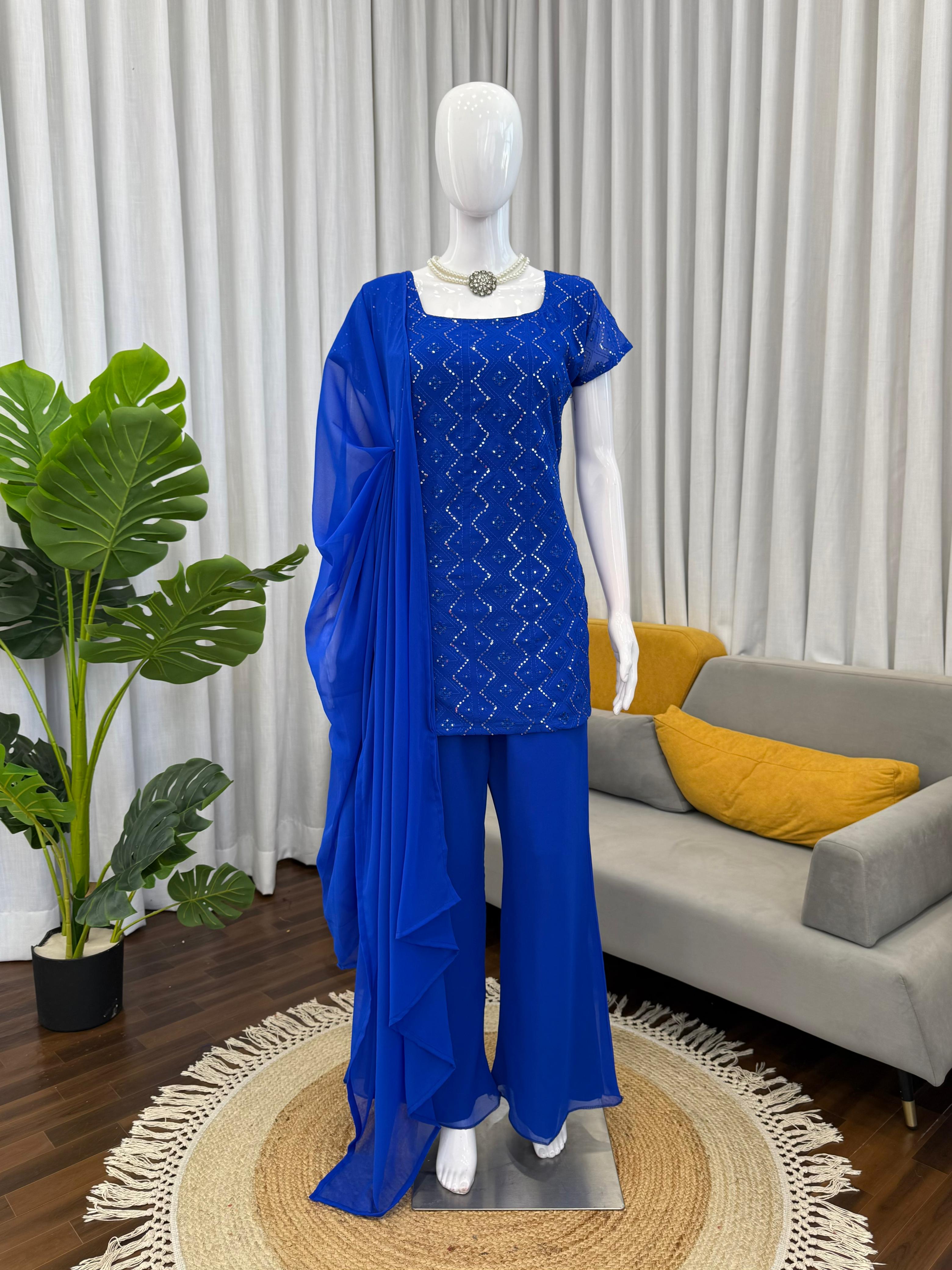 Timeless 90’s Style Designer Faux Georgette Ethnic Set with Boot-Cut Pants