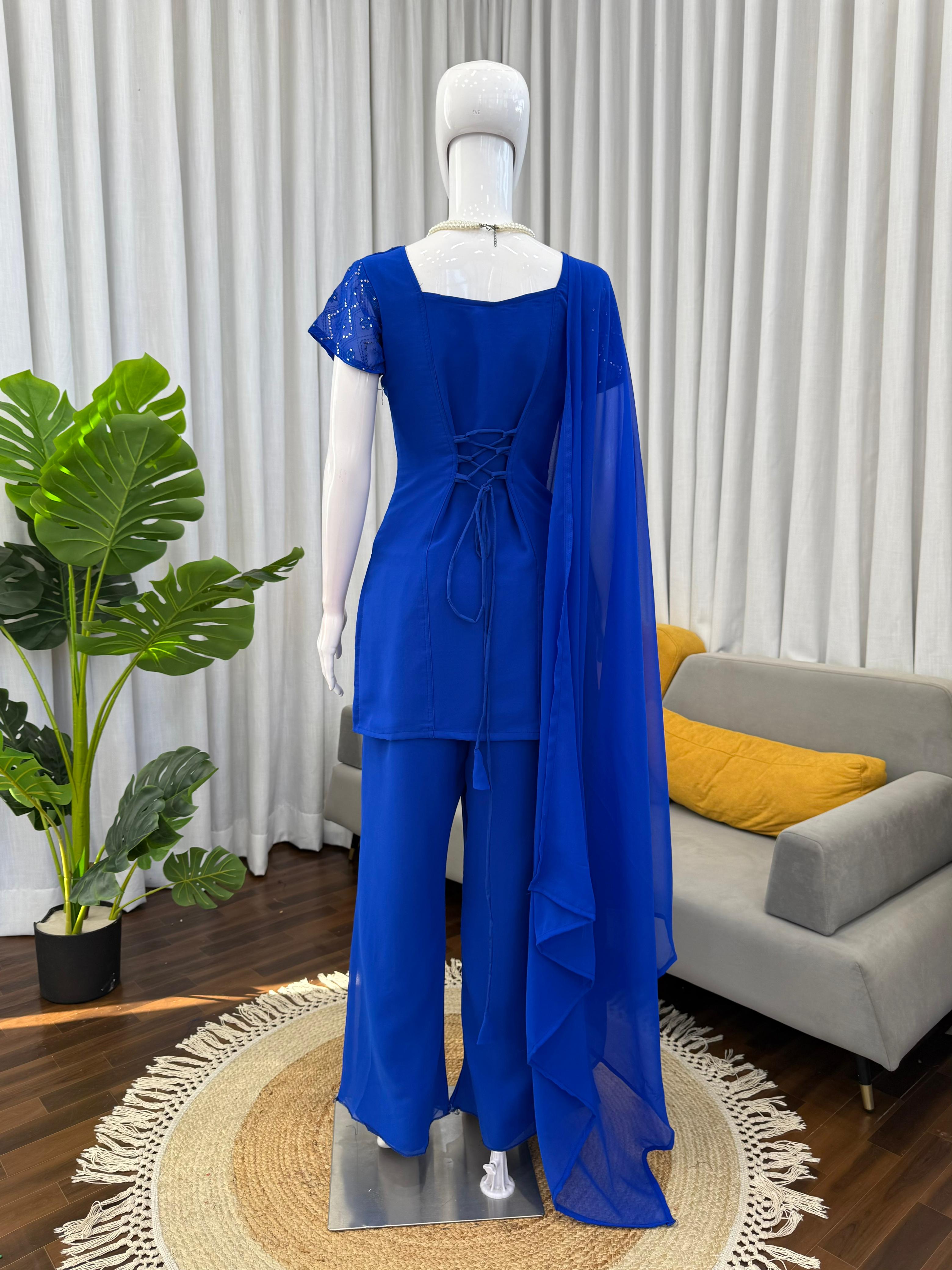 Timeless 90’s Style Designer Faux Georgette Ethnic Set with Boot-Cut Pants