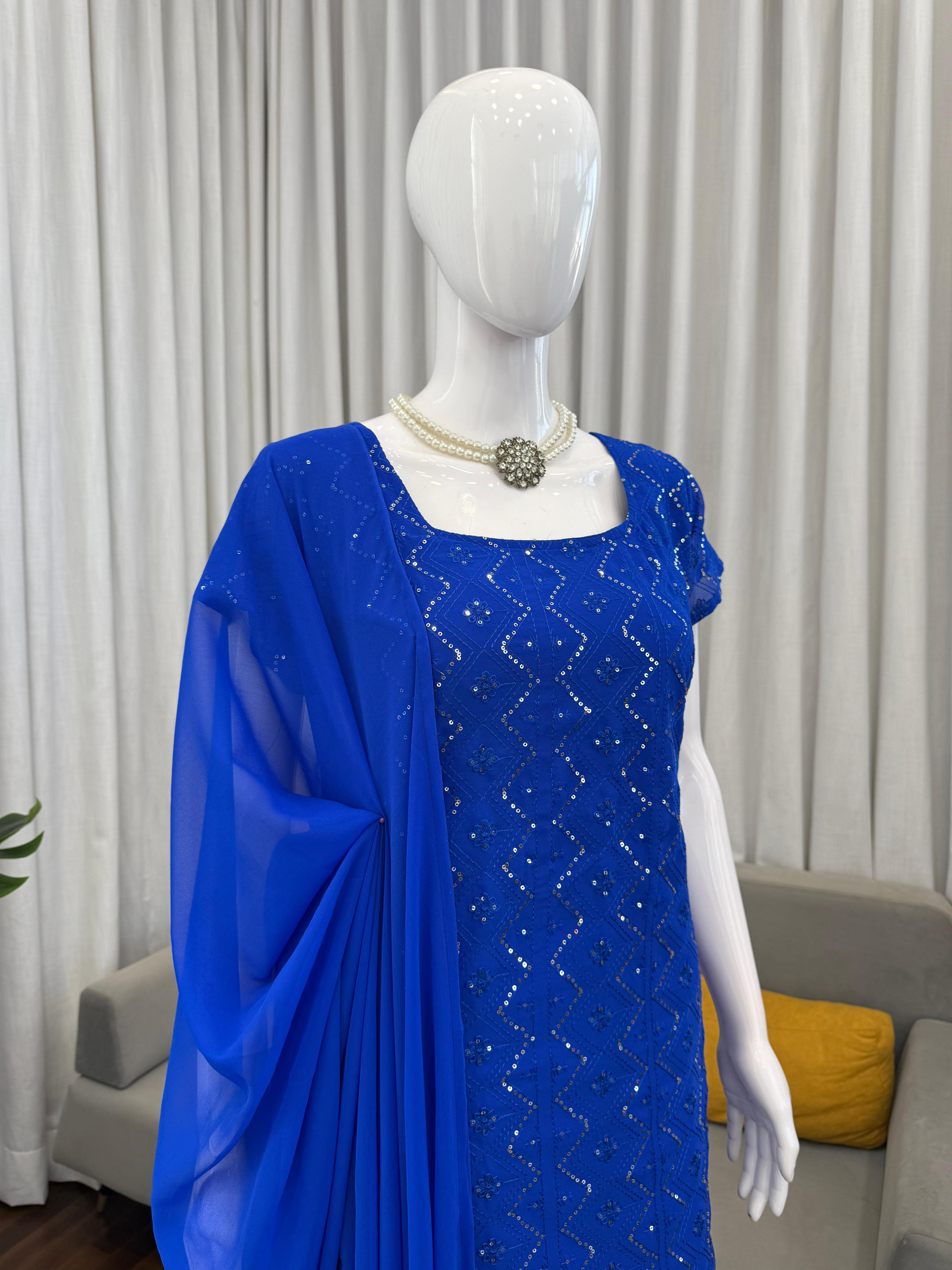 Timeless 90’s Style Designer Faux Georgette Ethnic Set with Boot-Cut Pants