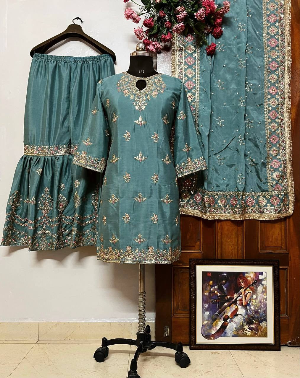 Designer Faux Georgette Embroidered Sharara Set