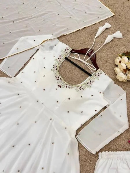 Classic White Georgette Gown with Dupatta