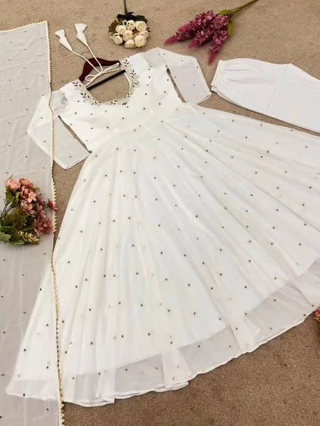 Classic White Georgette Gown with Dupatta