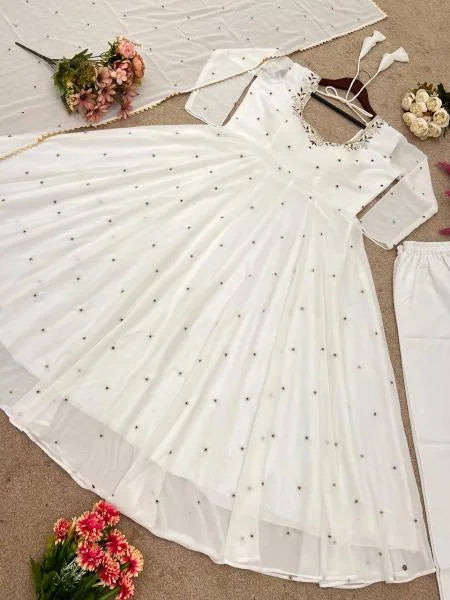 Classic White Georgette Gown with Dupatta