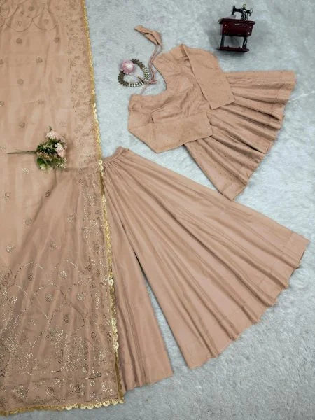Beige Trending Suit Set Tabby Organza Fabric Mukesh Handwork
