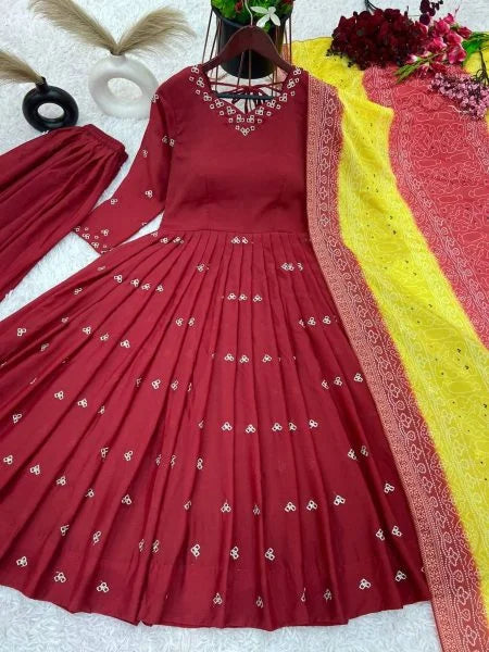 Designer Chinnon Silk Gown With Flair Plazzo & Dupatta
