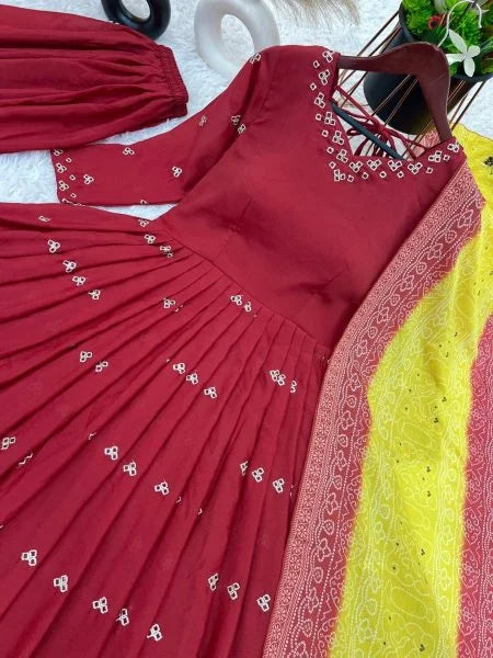 Designer Chinnon Silk Gown With Flair Plazzo & Dupatta