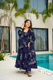 Designer Rayon Printed Suit Set - Navy Blue