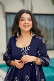 Designer Rayon Printed Suit Set - Navy Blue