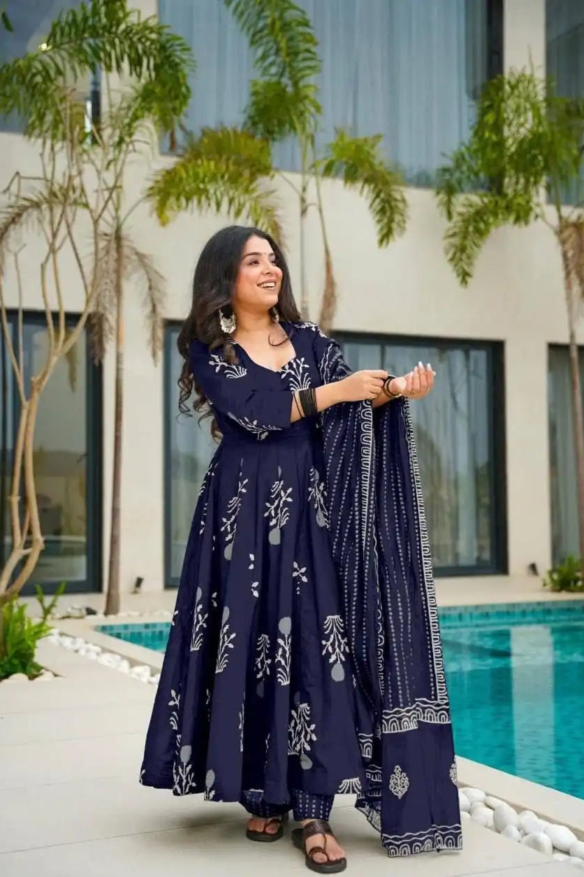 Designer Rayon Printed Suit Set - Navy Blue