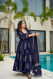 Designer Rayon Printed Suit Set - Navy Blue