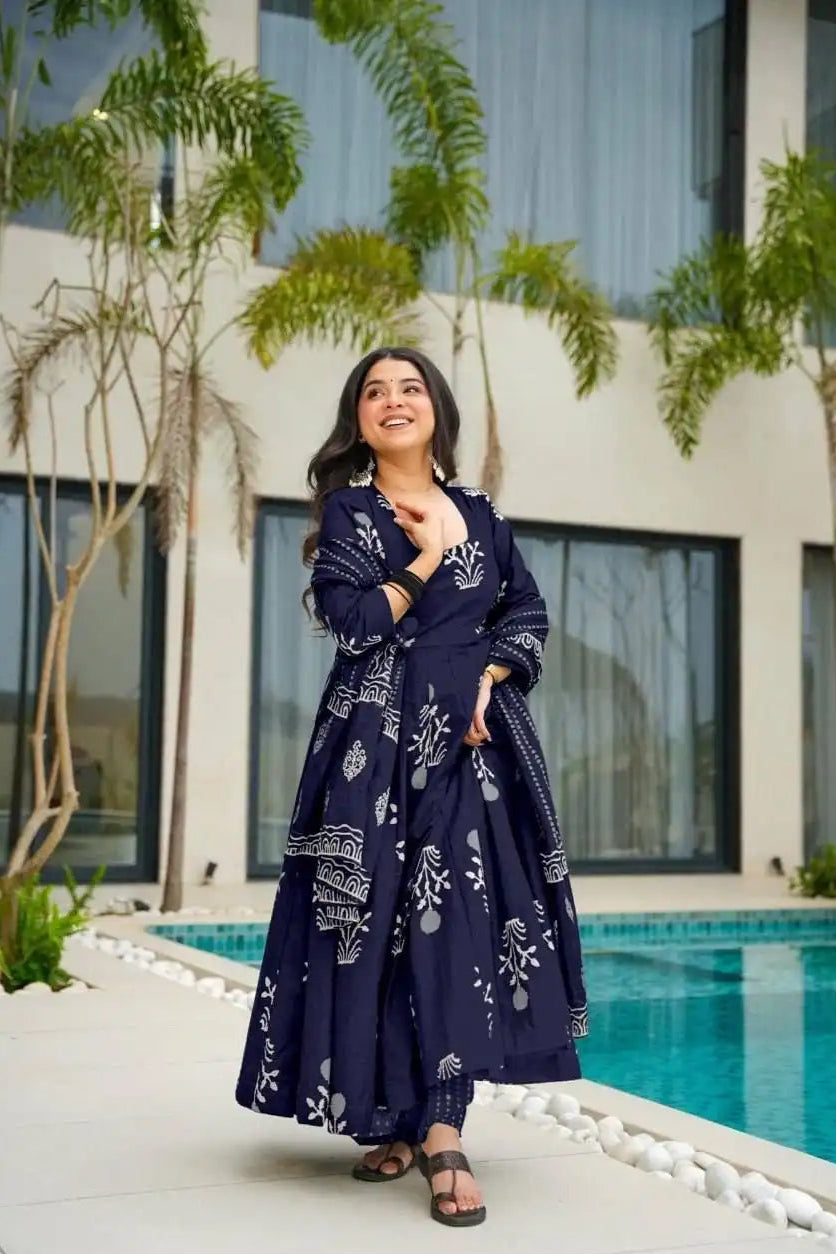 Designer Rayon Printed Suit Set - Navy Blue